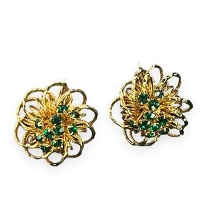 Castlecliff Gold Whimsical Flower Green Rhinestone Clip-on Earrings